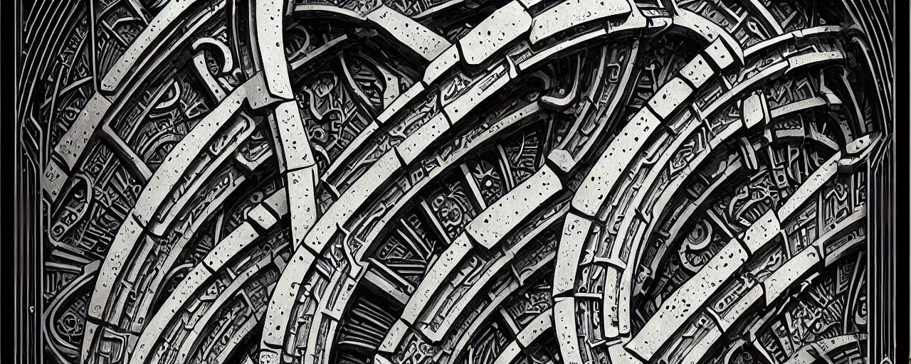 Image similar to a double helix dna cyberpunk steampunk stone carved archway, art deco high details, lineart, by vincent di fate and joe fenton, inking, screen print, masterpiece, trending on artstation, sharp, high contrast, hyper - detailed, ultrawide, hd, 4 k, 8 k