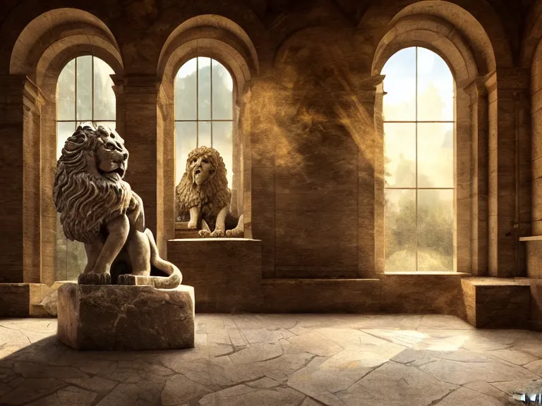 Image similar to expressive rustic oil painting, a stone workshop with in the center an impressive large statue of a marble lion, dust, ambient occlusion, morning, rays of light coming through windows, dim lighting, brush strokes oil painting