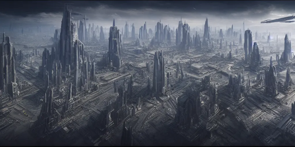 Image similar to ultra detailed, futuristic megalopolis, star wars, mandalorean, sci-fi, fantasy, dystopian, intricate details, monumental, photorealistic, surreal, artstation, concept art, smooth, sharp focus, masterpiece, atmospheric, hyperdetailed, Unreal Engine 5, octane render, Photorealism, 8k, cinematic, volumetric, art by h.r. giger and artgerm and greg rutkowski and alphonse mucha and loish and WLOP