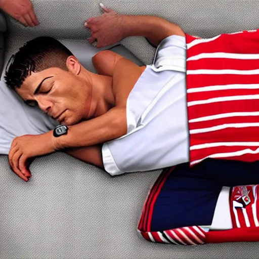 Image similar to Christiano Ronaldo sleeping in FC Bayern bed