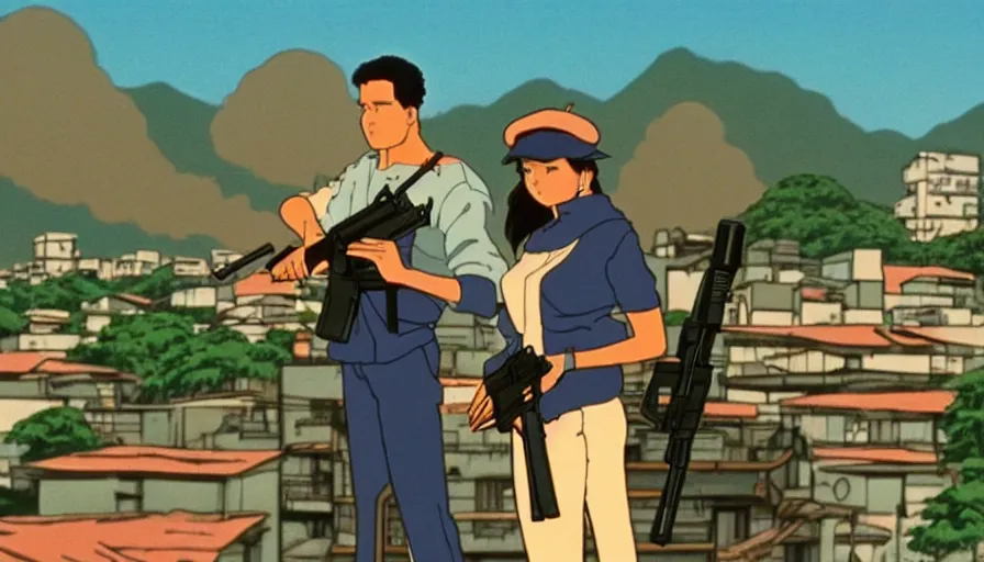 Image similar to 1 9 8 6 movie screencap of a couple with a gun on a rio de janeiro, gucci clothes, studio ghibli sky, beautiful favela background extremely utra high quality artwork 8 k