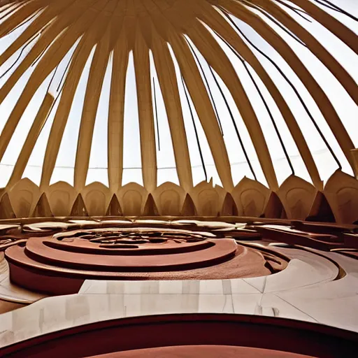 Image similar to interior of a futuristic lotus temple with gold, red and white marble panels, in the desert, by buckminster fuller and syd mead, intricate contemporary architecture, photo journalism, photography, cinematic, national geographic photoshoot