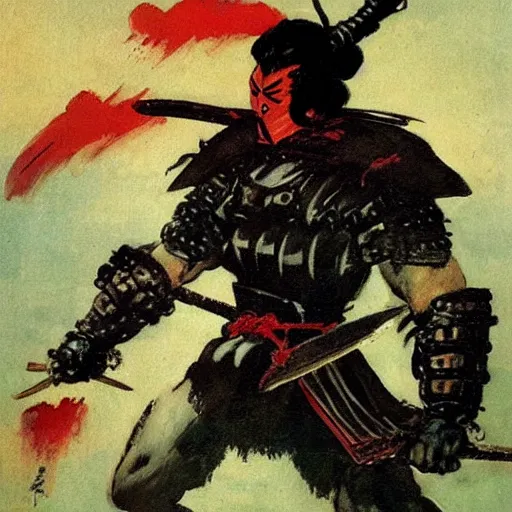 Image similar to a dark samurai painted by Frank Frazetta