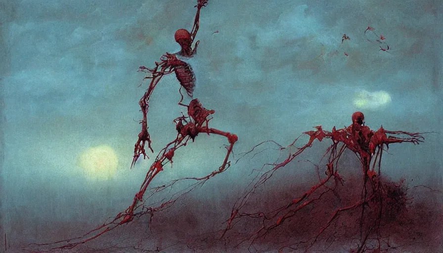 Prompt: landscape painting, the skeletal angel of death descends from the heavens, artwork by zdzislaw beksinski, red sky
