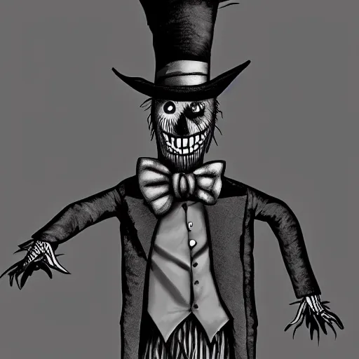 Image similar to a Pop Wonder scary horror themed goofy-hilarious-character Babadook-scarecrow-madhatter-williewonka-wearing a scarf, 3-piece-suit, dime-store-comic drawn with charcoal and pen and ink, half-tone-line-stacking