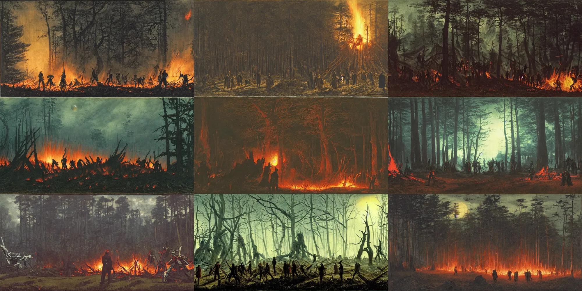 Prompt: people garthering around the fire, burning huge gundam, in the dark forest, by caspar david friedrich