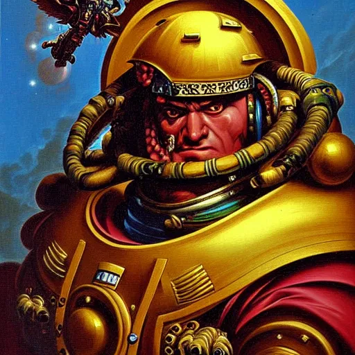Prompt: baroque rococo painting portrait of space-marine warhammer 40k by Greg hildebrandt elaborate fancy