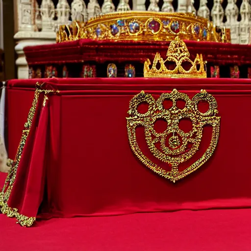 Image similar to a large ornate crown with sapphires and engraved runes, placed upon a crimson altar, photo