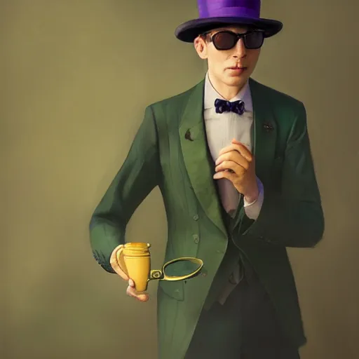 Prompt: man, Wearing green suit, Wearing green tophat, wearing purple undershirt, wearing shades, drinking tea, by Viktor Antonov, Stanley Artgerm Lau, greg rutkowski, fantasy, D&D, trending on artstation, smooth, sharp focus