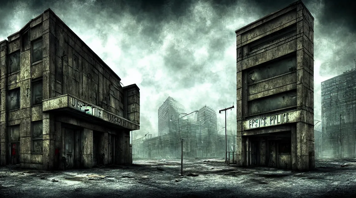 Image similar to post - apocalyptic dystopian police station, organic architecture, hyperrealistic landscape, building, street, in the style of patrick commercy, hd photography street