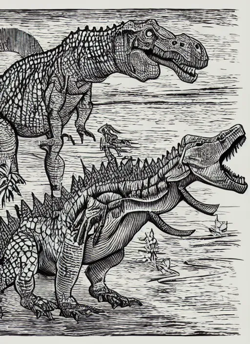 Image similar to dinosaur woodcut print by Samuel Jessurun de Mesquita