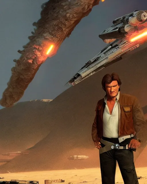 Image similar to the most amazing dream you ever had about han solo, harrison ford,, star wars, gta v, hyper realistic, ambient lighting, concept art, intricate, hyper detailed, smooth, volumetric lighting, george lucas, ralph mcquarrie, octane