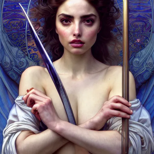 Image similar to ana de armas with sword and potions drawn by Donato Giancola and Tom Bagshaw, face by Artgerm, overall design by Alphonse Mucha, background by James Jean and Gustav Klimt, light by Julie Bell, 4k, porcelain skin, komorebi, french nouveau, trending on artstation, octane render, hyperrealistic