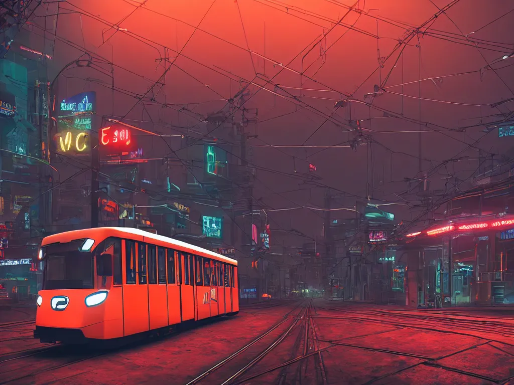 Prompt: an streetcar ktm - 8 red and white stands at a road on the other planet, headlights shine with neon light, in the background in the distance the earth, atmospheric, futuristic, cyberpunk, ray tracing global illumination, 8 k resolution, ultra detailed