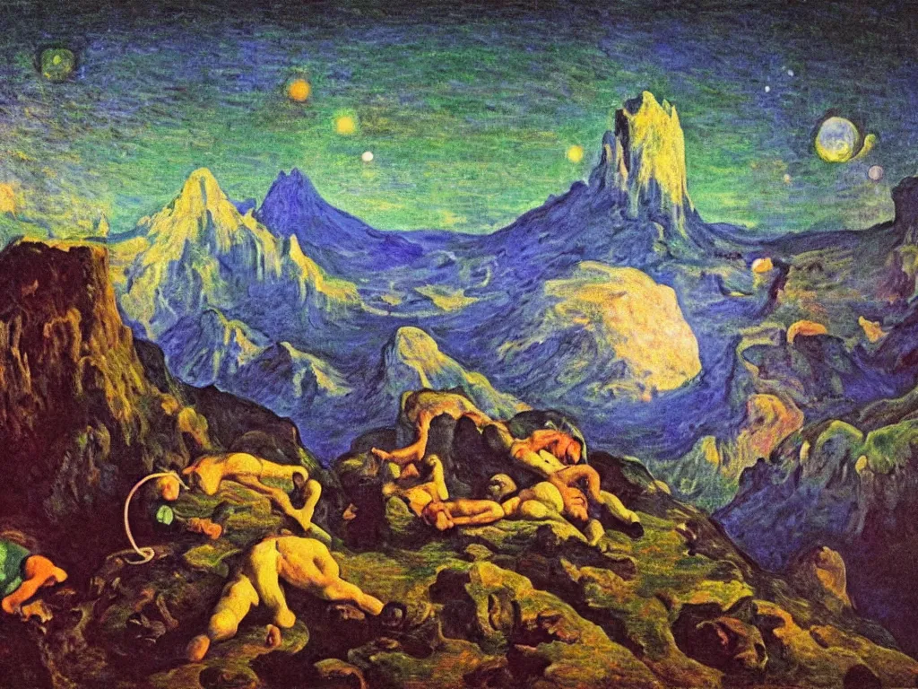 Prompt: man wrestling over the psychedelics dream bot mothership over the sublime sacred mountains at night. painting by monet, bosch, caravaggio, agnes pelton, rene magritte