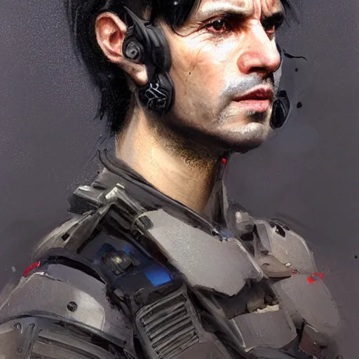 Image similar to Portrait of a man by Greg Rutkowski, he is about 40 years old, short black hair with bangs, his features are a mix between French, Turkish and Russian, expression of helplessness, sadness and resentment, he is wearing a futuristic tactical gear, highly detailed portrait, digital painting, artstation, concept art, smooth, sharp foccus ilustration, Artstation HQ.