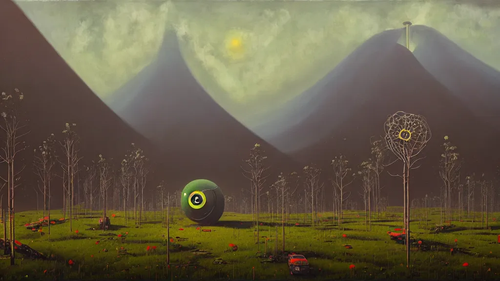 Image similar to Nuclear Nature harmony; by Oswaldo Moncayo; by Simon Stålenhag, oil on canvas; Location: Quito Ecuador