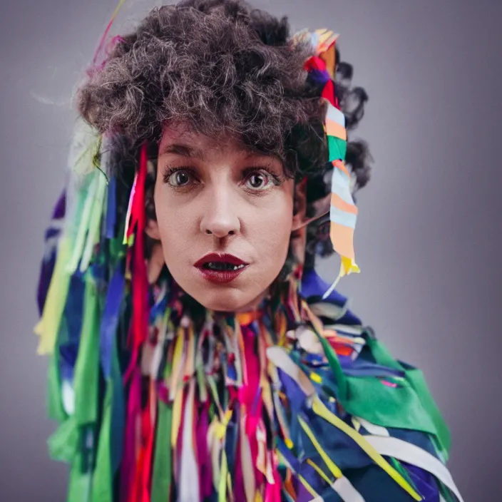 Image similar to a closeup portrait of a woman wearing a cloak made of ribbons, staring at an empty swing playground, claymation, 8 k, medium - format print