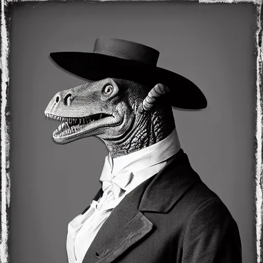 Image similar to portrait of a highly realistic allosaurus-person, real dinosaur-person, dressed as victorian gentleman, black and white, wet plate photograph, ultrasharp detail, 4k, HD, walking with dinosaurs, ILM