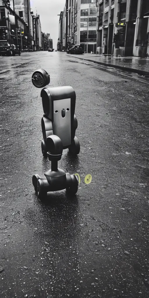 Image similar to robot on the road, city, photo, rain,