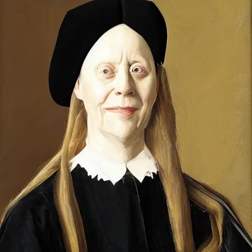 Image similar to president simone giertz, simone giertz presidential portrait, oval office painting. official portrait, painting by jan van eyck. oil on canvas, wet - on - wet technique, underpainting, grisaille, realistic. restored face.