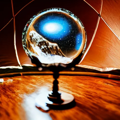 Image similar to a whole galaxy inside a crystal ball standing on a mahogany stand on a table in a tent with a beautiful fortune teller woman. Highly detailed, cinematic quality, 8k