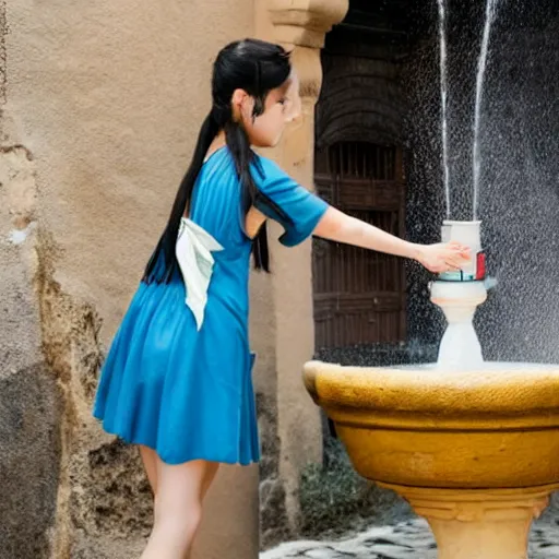 Prompt: anime girl in a greek attire pouring water out of a vase into a fountain, spanish alleyway