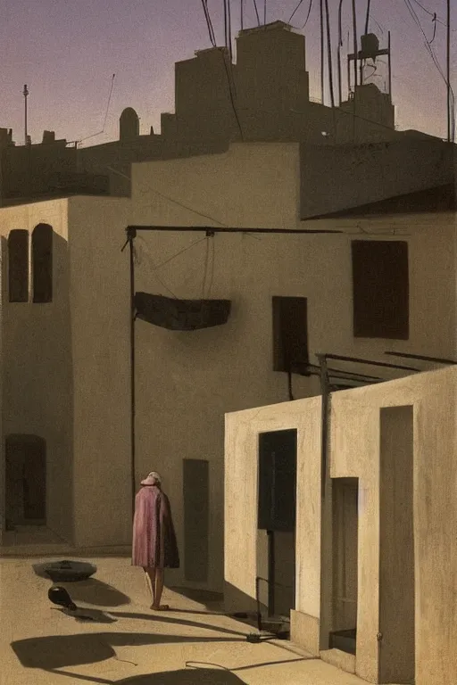Prompt: eerie tel aviv street mystery at dusk, laundry hanging to dry, solar water heaters and antennas on the roofs, colorful film noir scene. by moebius, giorgio de chirico, edward hopper