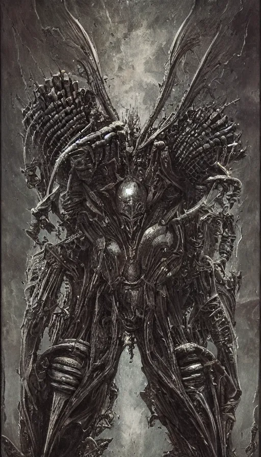 Prompt: Scorn themed painting of symmetrical torso abyssal darkness armor anatomy with armored bat wings and extended evil hands concept, intricate artwork by H.R. Giger, Johnatan Wayshak, Zdizslaw Beksinski, Ayami Kojima, Amano, Karol Bak, Moebius, and Mark Brooks, Neo-Gothic, gothic, rich deep colors, art by Takato Yamamoto, masterpiece, face by Artgerm, very coherent artwork, cinematic, hyper realism, high detail, octane render, unreal engine, 8k, High contrast, golden ratio, trending on cgsociety