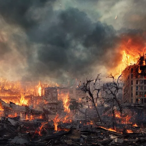 Image similar to the strenght of a horrifying fire in a destroyed dystopian city, very hyperrealistic picture, 4k
