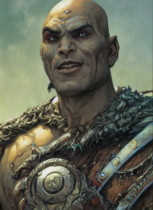 Image similar to a fantasy comic book style portrait painting of a bald half - orc male warrior, art by donato giancola and bayard wu and gustav moreau and wayne barlowe