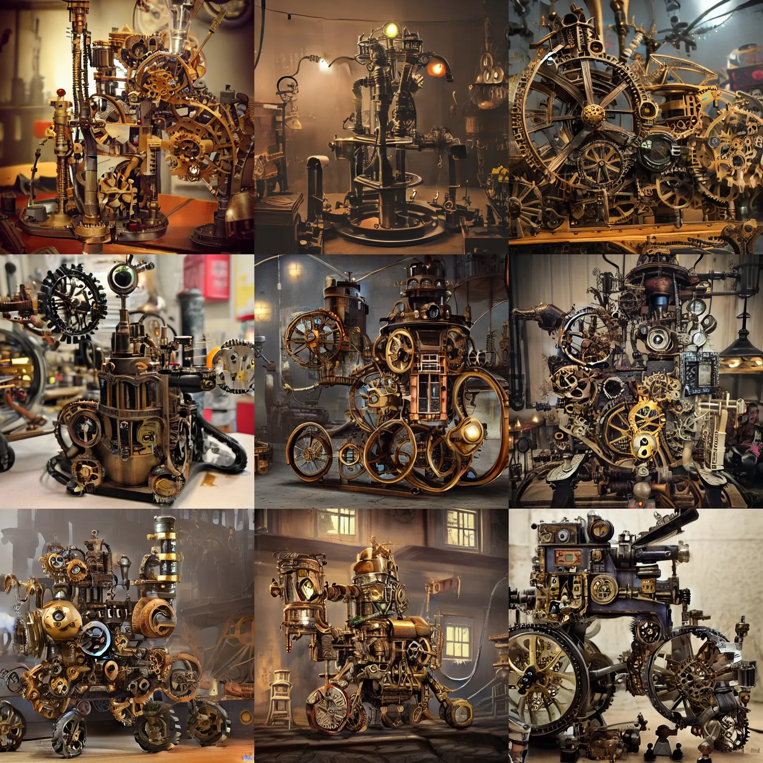 Prompt: A steampunk mecanical machine crafting happiness for a crowd of kids, smog atmosphere, dimmed lights, intricated details