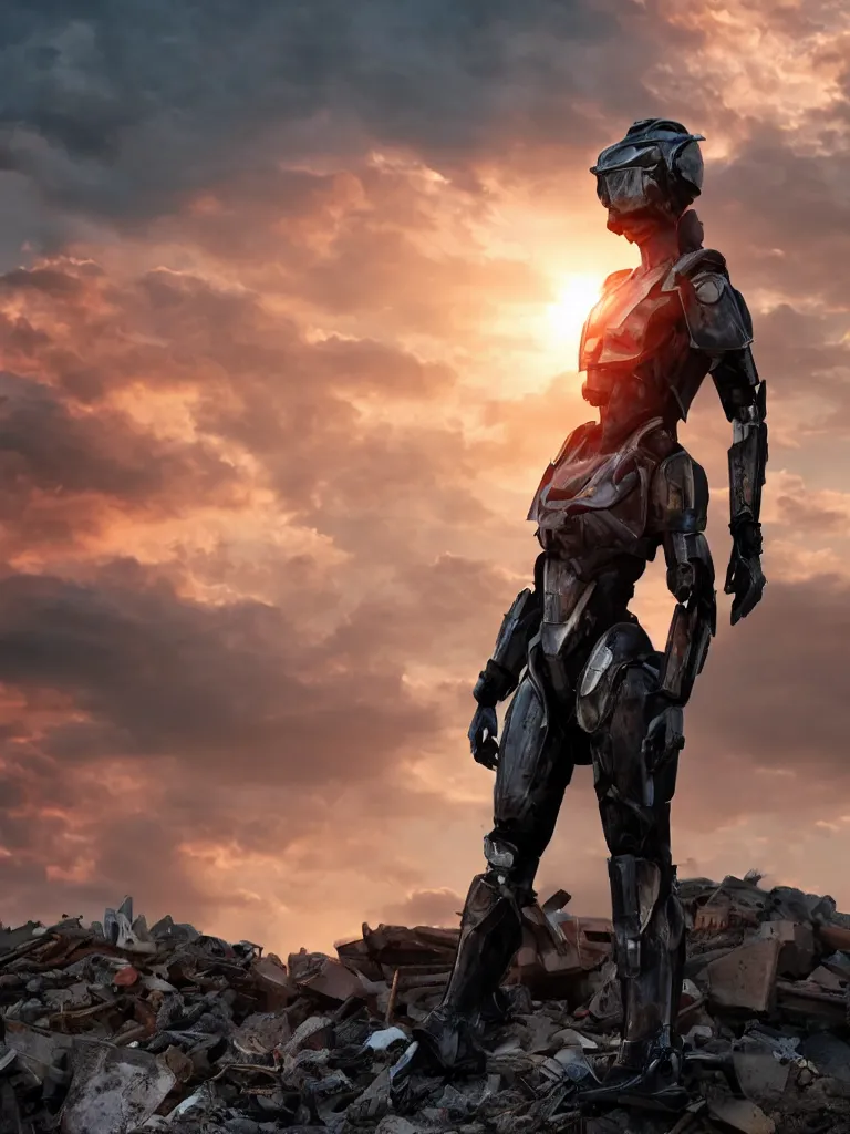 Prompt: emily blunt in futuristic power armor, solitary figure standing atop a pile of rubble, sunset and big clouds behind her