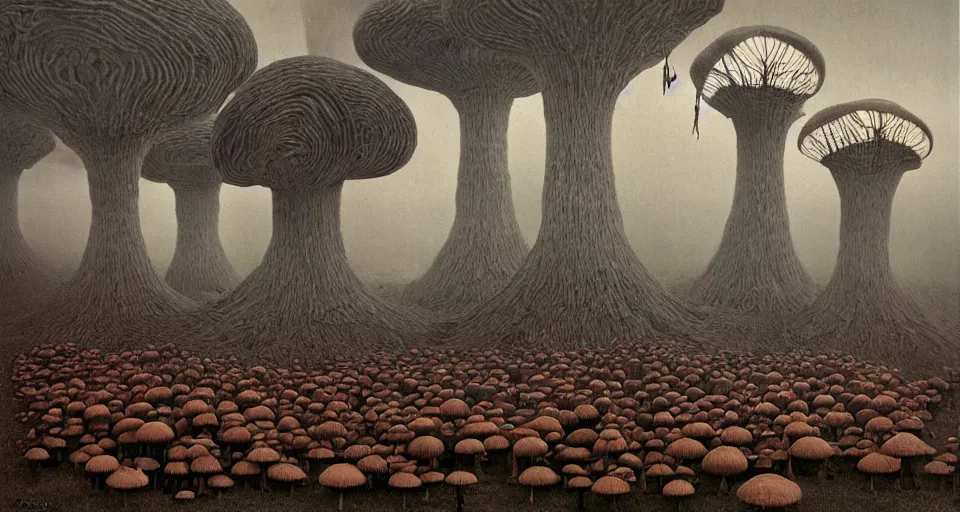 Image similar to A tribal village in a forest of giant mushrooms, by Zdzisław Beksiński