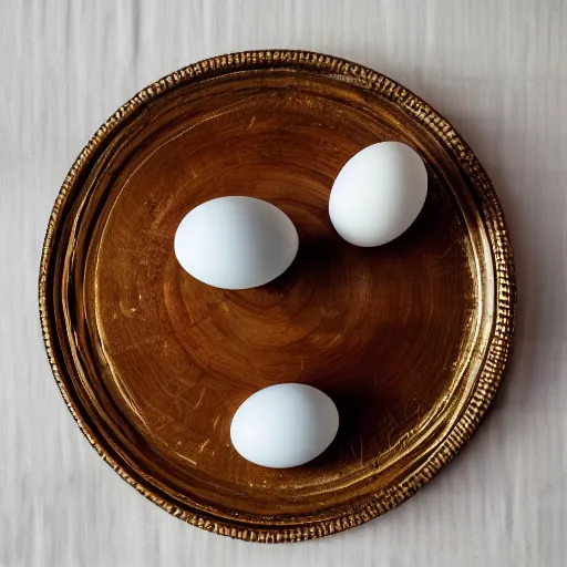 Image similar to a photograph of an egg, sitting on top a table, there is a table cloth with an ornate pattern. minimalistic,