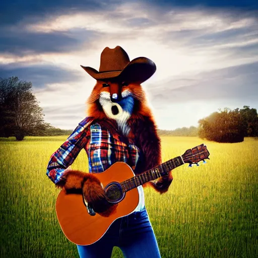 Image similar to a female fluffy anthropomorphic fox animal, head of fox, wearing cowboy hat, wearing plaid shirt, playing guitar, in a field, barn in background, album cover style