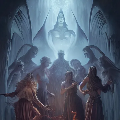 Image similar to female acolytes around demonic summoning circle summoning a demon knight. incredible detail. by tom bagshaw and by magali villeneuve and by wlop