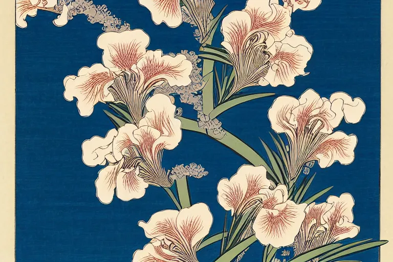 Image similar to a beautiful and hyperdetailed ukiyo - e drawing of tangled irises and flowers by katsushika hokusai, in style by utagawa kuniyoshi and utagawa hiroshige, japanese print art, intricate, elegant, complex, 4 k