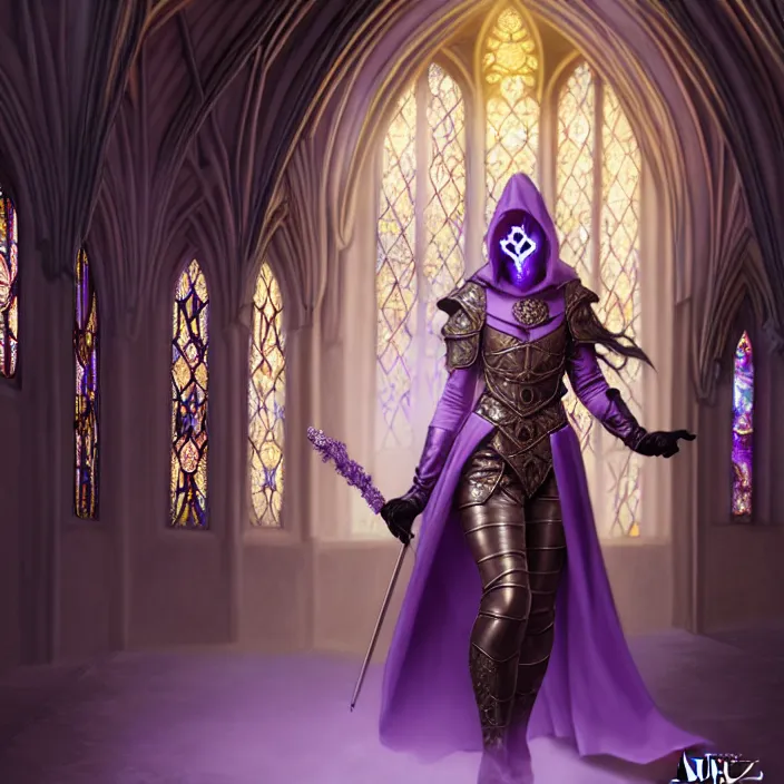 Image similar to masked d & d bard with her lilac leather armor in a cathedral, volumetric lighting, fantasy, intricate, elegant, highly detailed, lifelike, photorealistic, digital painting, artstation, fox ears illustration, concept art, sharp focus, by john collier and albert aublet and krenz cushart and artem demura and alphonse mucha