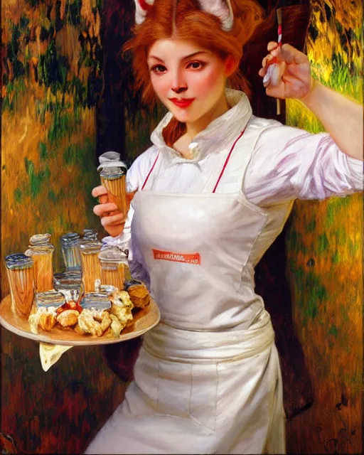 Image similar to portrait of a white female anthro wolf waitress serving milkshakes, 4 k, trending on artstation, very expressive detailed feminine face, energetic, bright colors, happy, by gaston bussiere, craig mullins, j. c. leyendecker, gustav klimt, artgerm, greg rutkowski, alphonse mucha