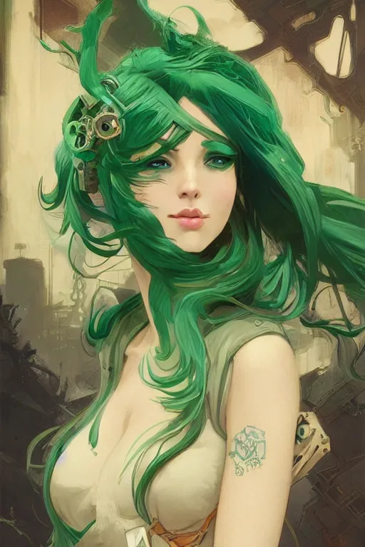 Prompt: beautiful woman with green hair as steampunk partial - cyborg, western gunslinger, smooth, sharp focus, illustration, highly detailed, digital painting, artstation, concept art, by disney animation, rossdraws, alphonse mucha, frank fanzzeta, collectible card art