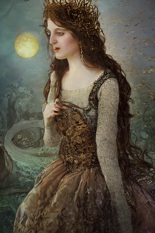 Image similar to elaborately hyperdetailed pre-raphaelite illustration of an extremely beautiful regal woman with an imponent crown, eerie mist and ethereal pink bubbles, surrealistic, Aetherpunk, film noir lighting, bright background, moonlight, high fantasy professionally painted digital art painting, smooth, sharp focus, highly detailed illustration highlights, backlight, golden ratio, 8K detail post-processing, symmetrical facial features, rich deep moody colors, award winning picture, trending on cgsociety and on ArtstationHQ, very coherent symmetrical artwork, poster art