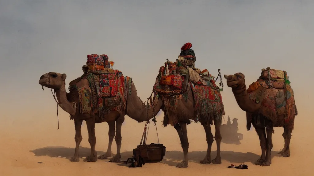 Prompt: arabian merchant with colored bags feeding a camel in a desert, watercolored, jakub rozalski, dark colours, dieselpunk, artstation