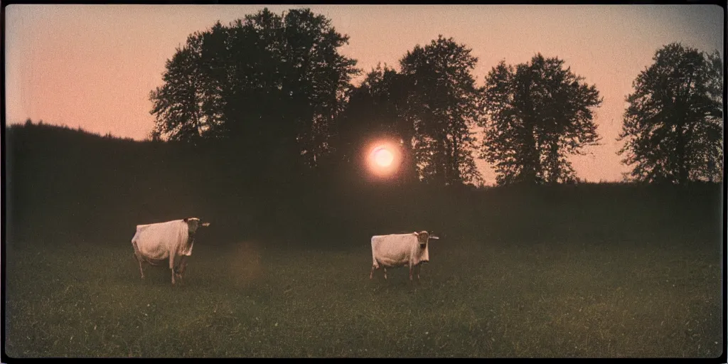 Prompt: detailed medium format photo, polaroid still from tarkovsky movie, a ufo beaming up a cow, at dusk near a small farmhouse, haze, high production value, intricate details, 8 k resolution, hyperrealistic, hdr, photorealistic, high definition, tehnicolor, award - winning photography, masterpiece, amazing colors