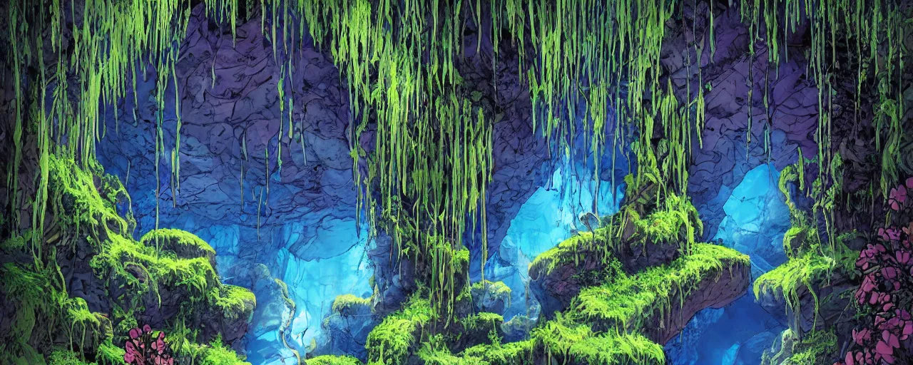 Prompt: large interior cavern of a cave, grand gallery, shimmering blue stream, walls covered with colourful flowers vines and mosses, some strange luminescent rocks poke through the foliage, depth of background, comic book,