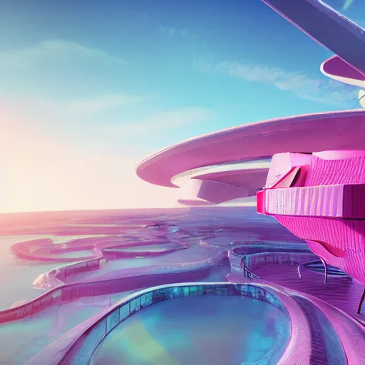 Image similar to panorama,utopia,science fiction,bio-inspired,organic,sunny,fashion of future,retro wave, pink hues,octane render