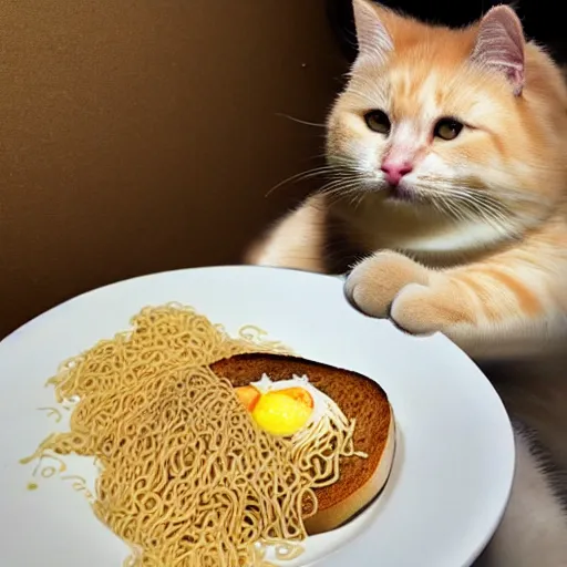 Image similar to cute fat cat sitting in behind a plate of indomie mi goreng noodles on toast, photo realistic