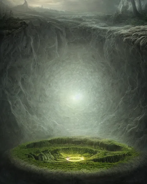 Prompt: photorealistic, the circular hollow earth fantastical landscape with the dreaming god in the middle of it, by anton semenov, trending on artstation, 4 k hd, gigapixel, fantasy art, sharpness applied, hyperrealism, low light, dark rainbow