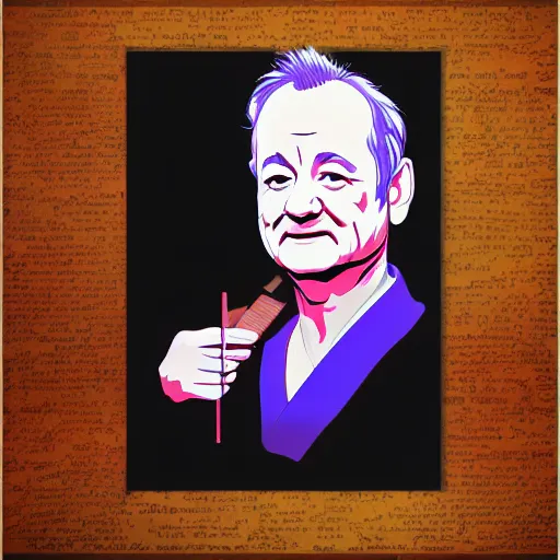 Image similar to bill murray, wearing kimono, by artgerm, cherry blossom falling, nagel