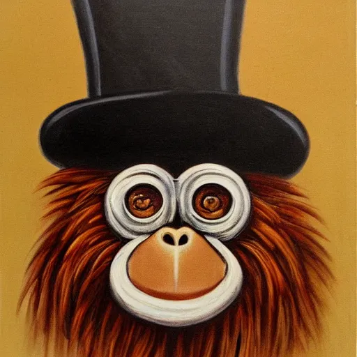 Prompt: framed portrait painting of an anthropomorphized orangutan, wearing a monocle and a small bowler hat, oversized mustache. dark outlining style. highly detailed